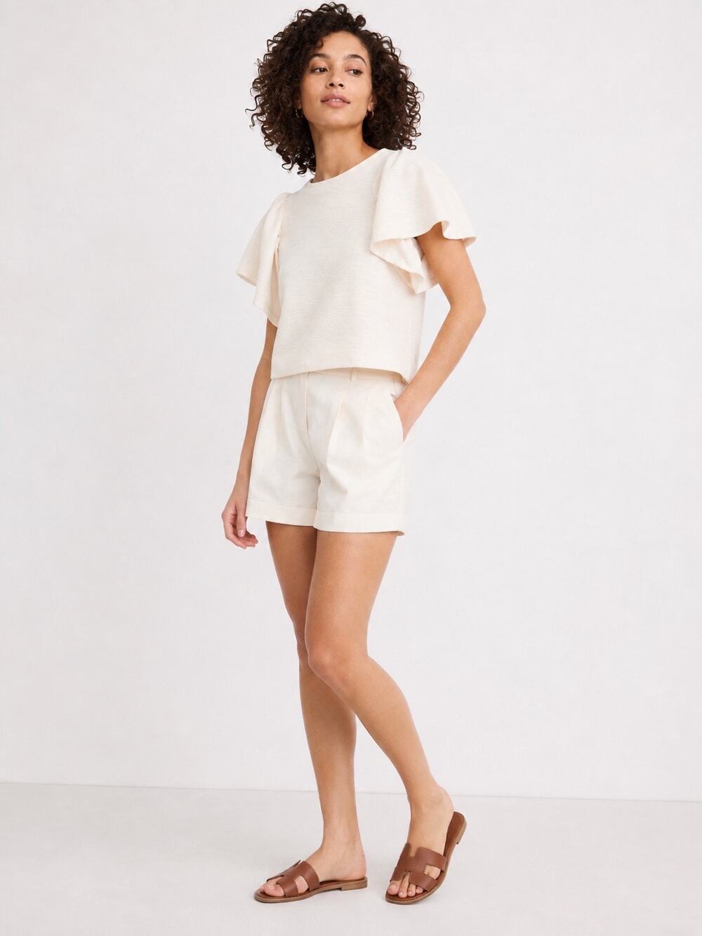 Madewell Bleached Linen Flutter Sleeve Crop Top Textured Knit Ivory Size Small S